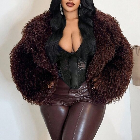 Burgundy Elegant Women's Plus Size Fluffy Faux Fur V-Neck Jacket - Picture 3 of 7